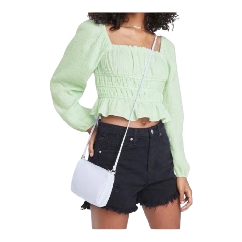 Wild Fable Light Green Smocked Peplum Blouse XS Long Sleeve